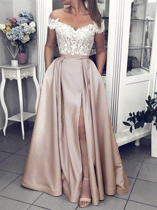 champagne prom dresses lace off shoulder CD22155