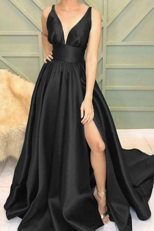 black satin split prom dresses CD22359