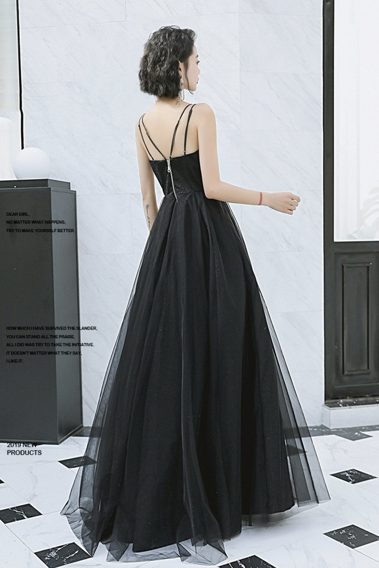 BLACK TULLE LONG A LINE PROM DRESS EVENING DRESS CD22361