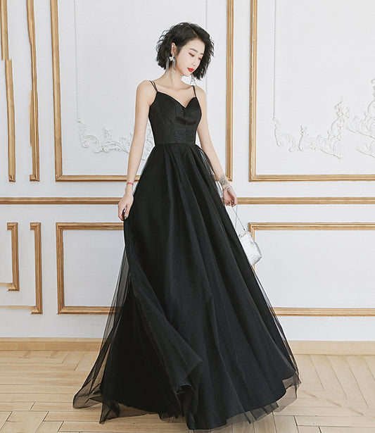 BLACK TULLE LONG A LINE PROM DRESS EVENING DRESS CD22361