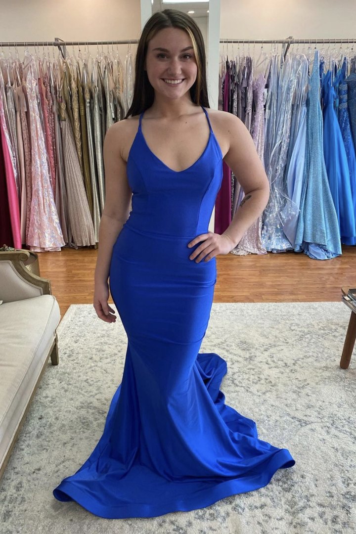 Blue long v neck prom dress mermaid evening dress CD22520