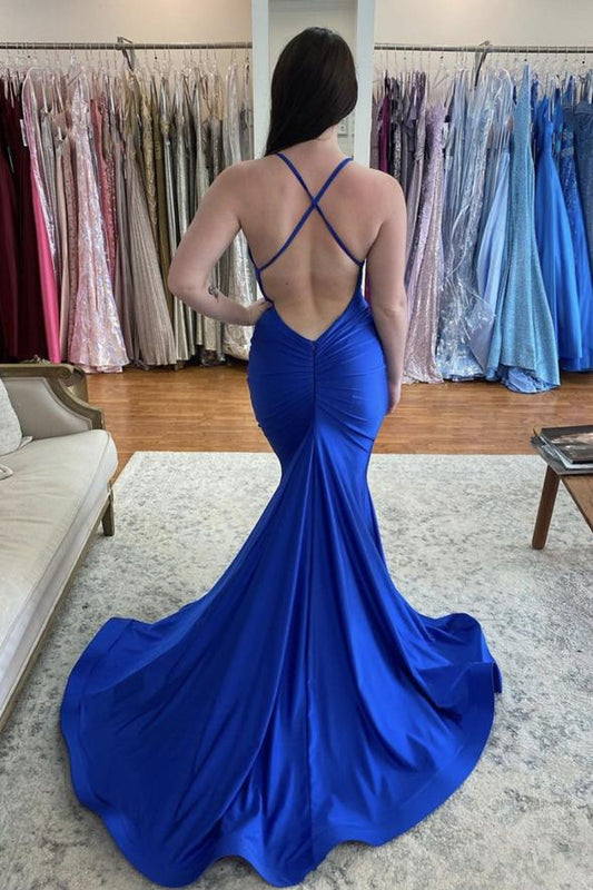 Blue long v neck prom dress mermaid evening dress CD22520