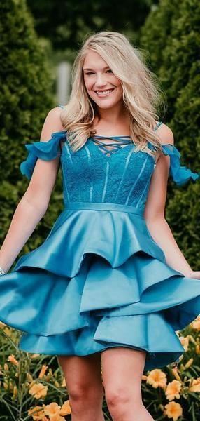 Ice Blue Off Shoudler Lace Satin Charming Homecoming Dresses CD2261