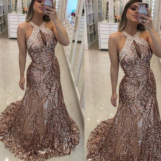 Champagne Prom Dresses, Sequins Prom Dresses, Halter Prom Dresses, Sparkly Prom Dresses CD22644