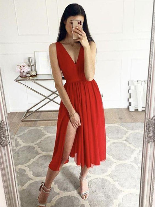 A Line V Neck Red Chiffon Tea Length Prom Dresses with Slit CD22681