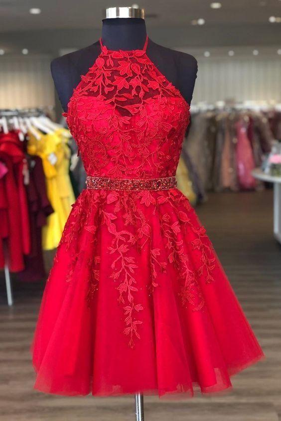 Halter Short Red Homecoming Dress With Lace Appliques And Beaded Band CD22749