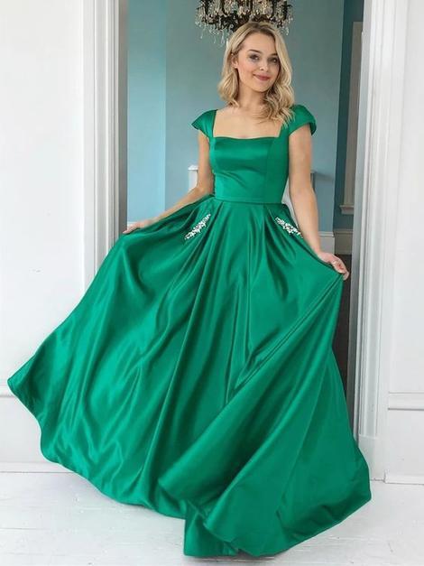 Charming A-Line Scoop Neck Cap Sleeve Green Satin Prom Dresses with Beaded Pockets CD22901