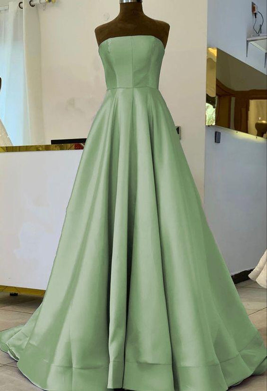 Simple sage green satin bridesmaid dresses strapless floor length formal prom gown for bridal party CD23114