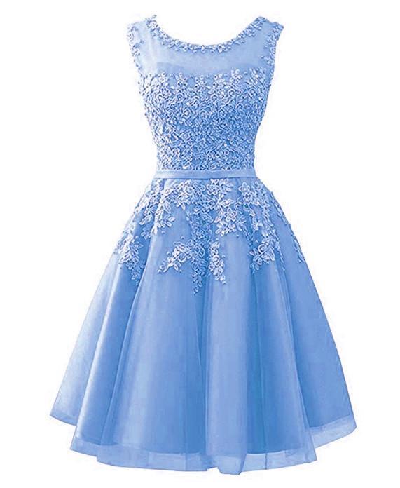 Blue Tulle Round Neckline Beaded Short Homecoming Dress CD23332