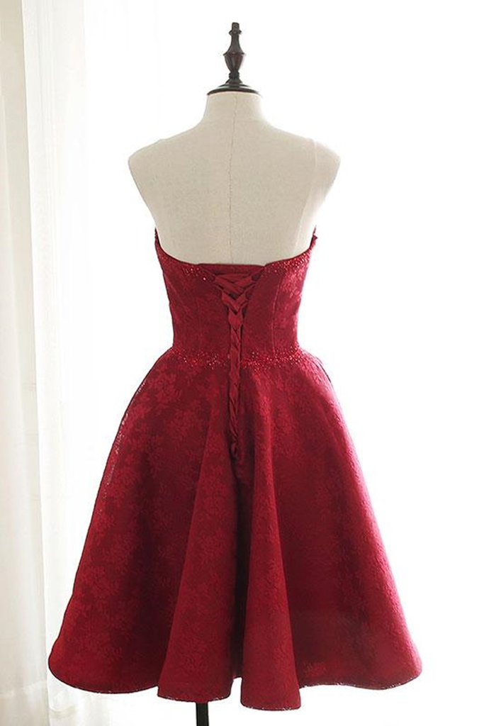 Short Burgundy Lace Homecoming Dress, Maroon Lace Formal Evening Dress CD23336