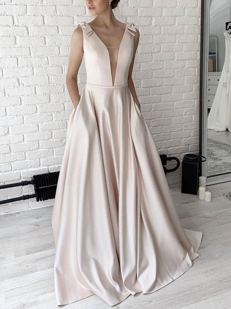 Simple v neck apricot satin long prom dress, bridesmaid dress CD24004