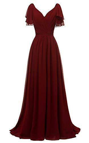 Ruffle Sleeves Bridesmaid Dress V-Neck Chiffon Long Formal Prom Dress CD24289