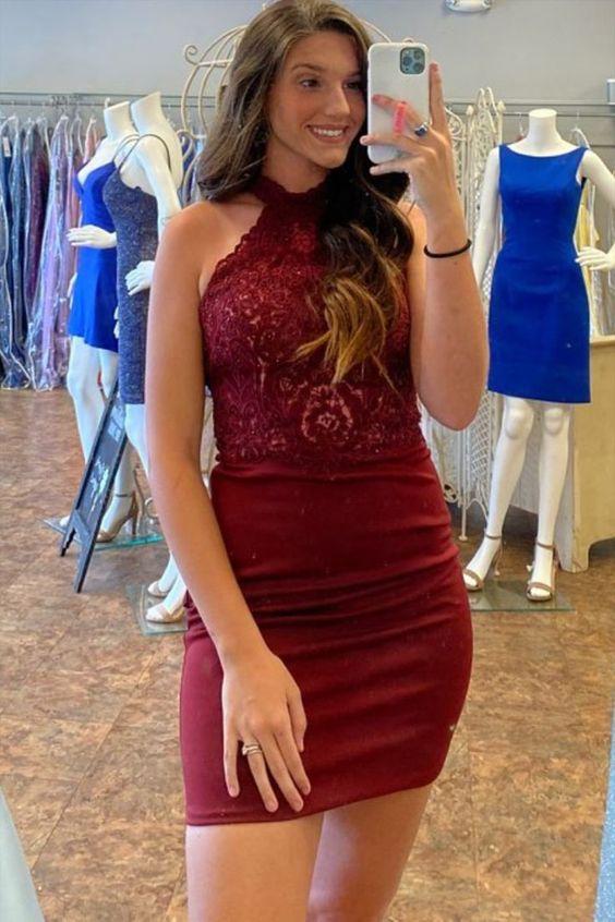 tight burgundy mini party dress with halter neckline homecoming dress CD24387