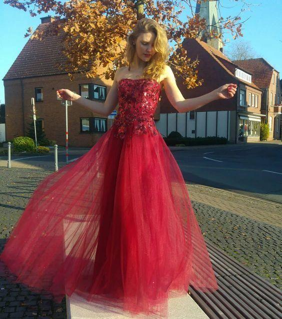 Red Prom Dress, Tulle Wedding Dresses, Appliques Prom Dresses, Strapless Prom Gown CD24410