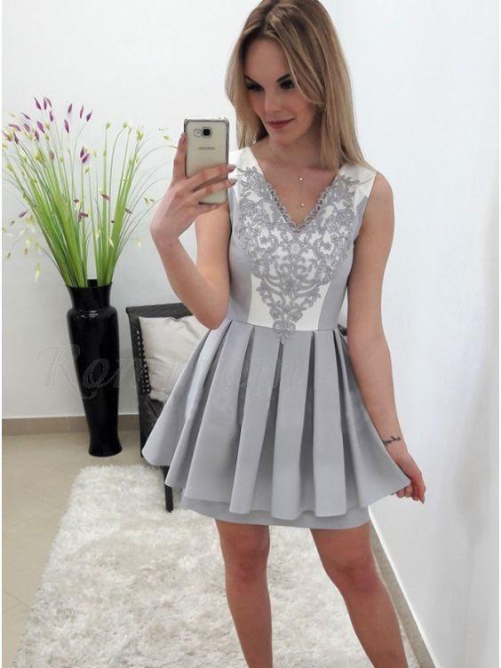 A-Line V-Neck Above-Knee Grey Homecoming Dress with Appliques Pleats CD24456