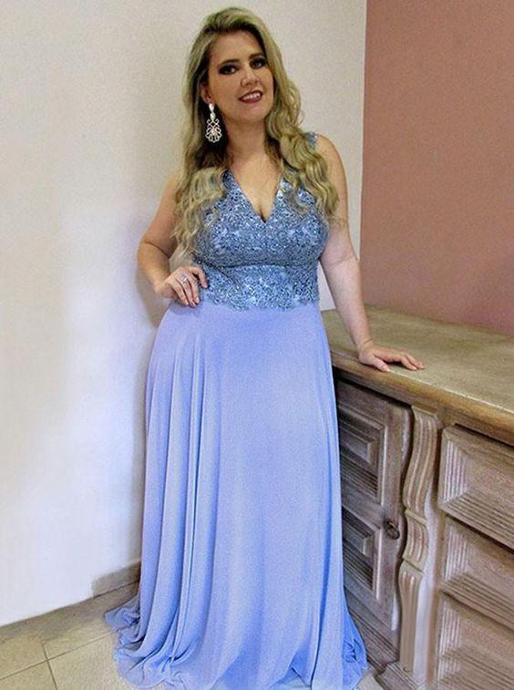 Chiffon A-Line V-Neck Sweep Train Plus Size Prom Dress CD24540