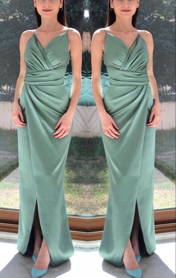 Simple sage green satin bridesmaid dresses pleated v neck spaghetti straps formal gown prom dresses CD24683