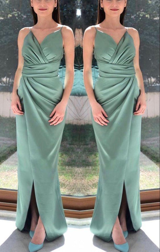 Simple sage green satin bridesmaid dresses pleated v neck spaghetti straps formal gown prom dresses CD24683