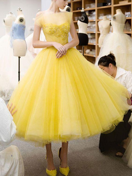 Yellow tulle beads short yellow homecoming dress CD24702