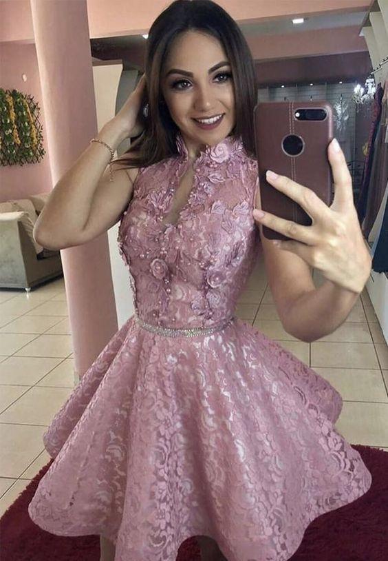 Pink lace short homecoming dress CD24769