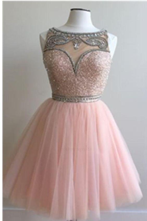 Pink homecoming dress, round neck homecoming dress, beading homecoming dress, short homecoming dress CD266