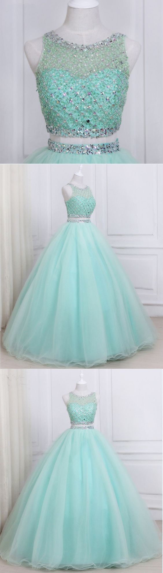 New Arrival Green Tulle Two Piece Prom Dress with Crystal CD2671