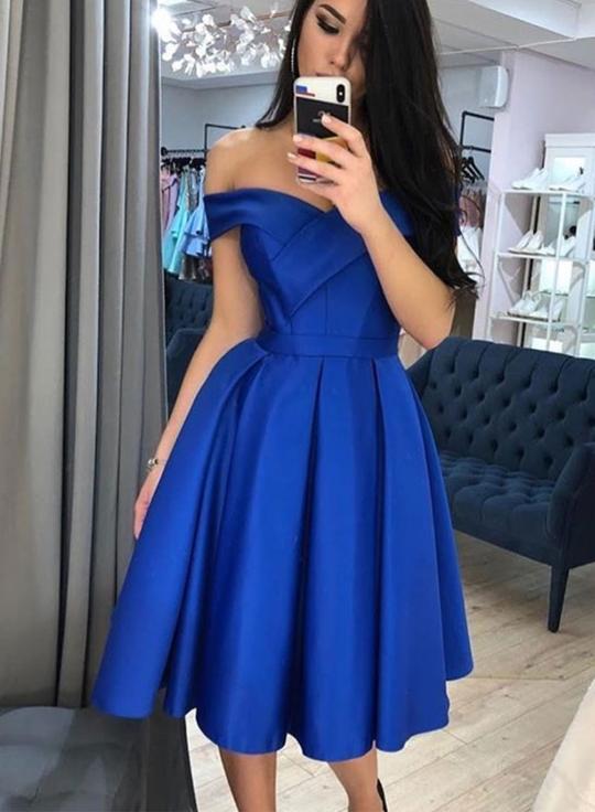 Simple blue satin short dress, homecoming dress CD2794