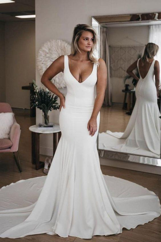 Simple V Neck Mermaid prom Dress with Long Train, Sexy Backless Beach Wedding Dress CD2813