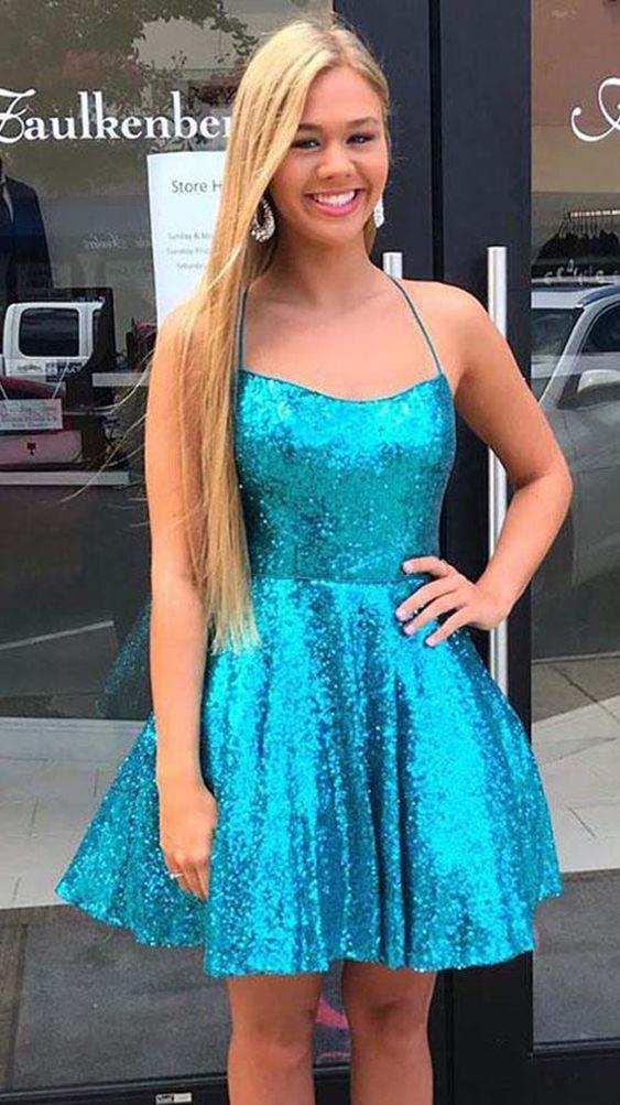 Criss Cross A-Line Short Dress Blue Sequins Homecoming Dress CD3099