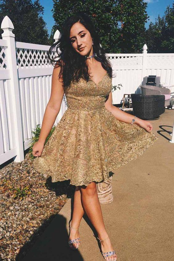 A-line V-neck Gold Lace Short Dresses Homecoming Gown CD3214