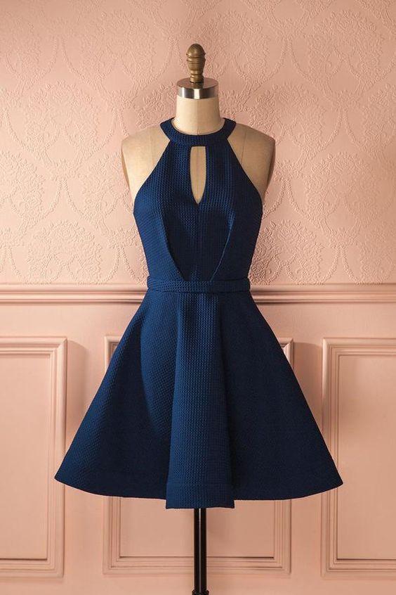 Keyhole Dark Blue Dresses, Short Homecoming Dresses, Cocktail Dresses CD331