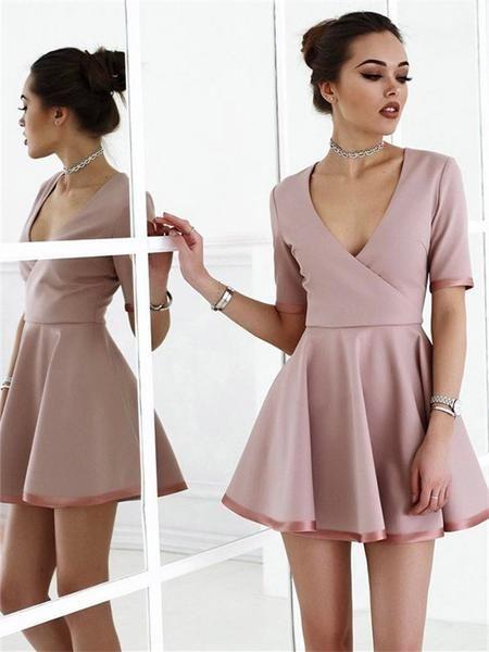 A-line V-neck Short Sleeves Cheap Homecoming Dress With Ruffles CD3457