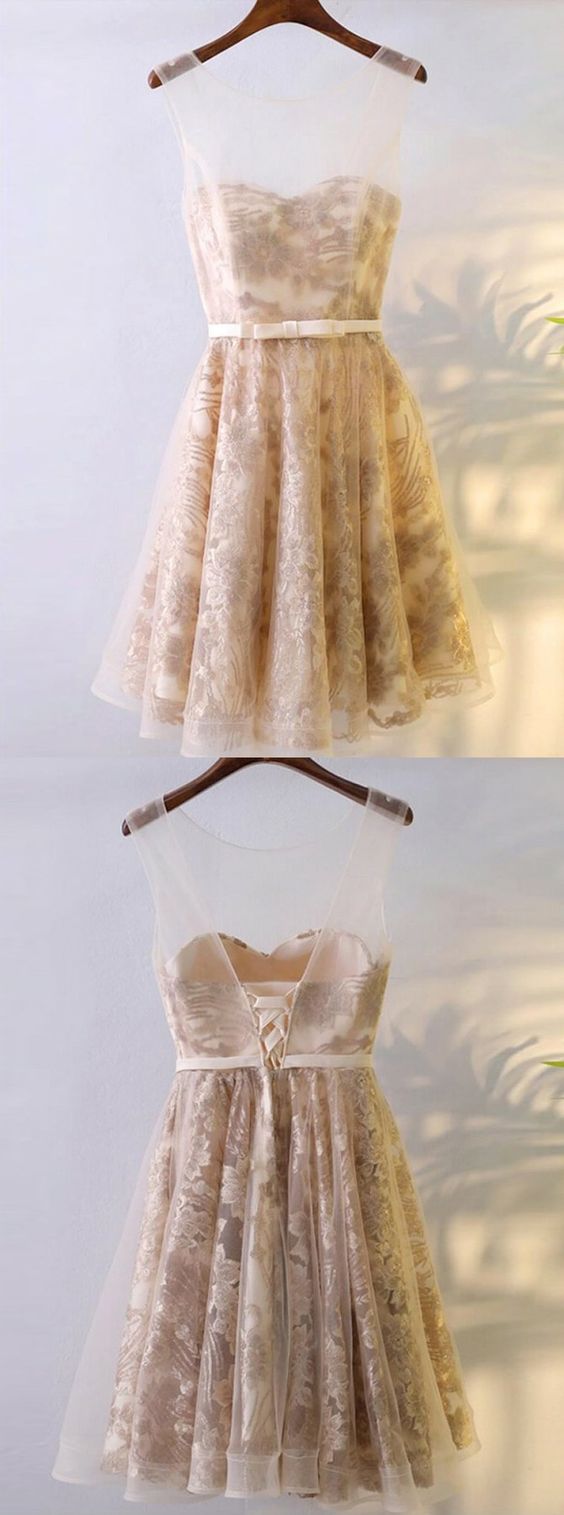 A-Line Boat Neck Knee-Length Champagne Tulle Homecoming Dress with Lace CD3703