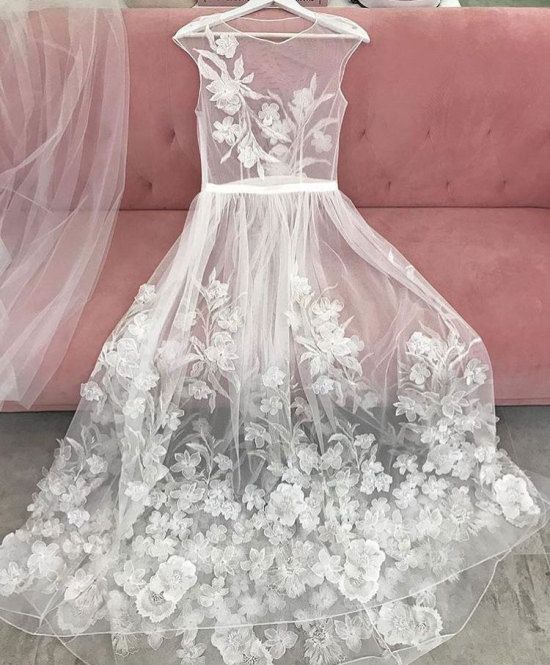 Sexy See Through Long Wedding Dresses Bridal Gowns prom dress with Lace Appliques CD3818