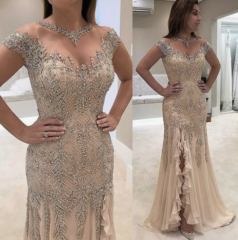 2024 Sheath Prom Dresses, Round Neck Prom Dresses, Light Champagne Prom Dresses, Chiffon Prom Dresses CD3932