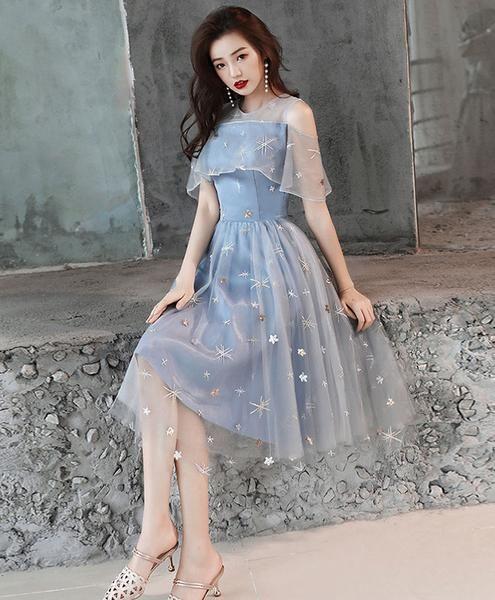 Blue tulle lace short dress, blue homecoming dress CD4021