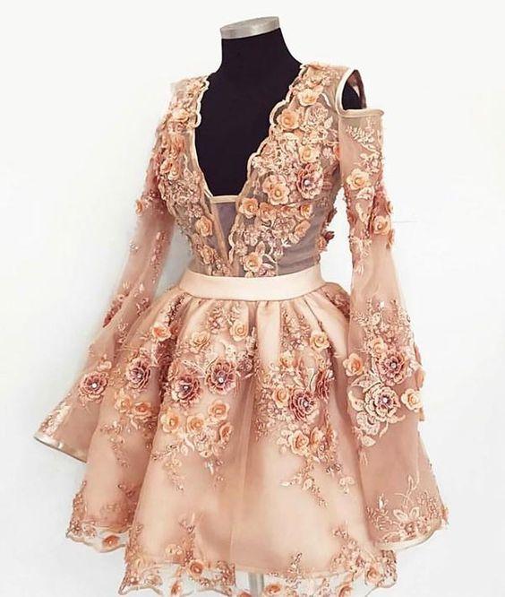 Cute champagne lace applique short homecoming dress CD463