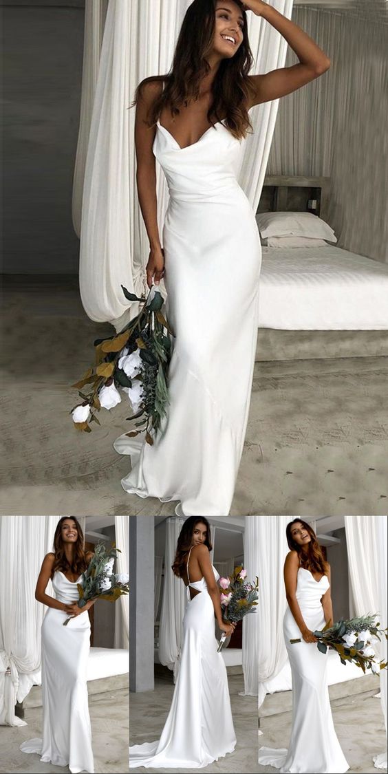 Simple Sheath Spaghetti Straps Backless Beach Wedding prom Dress CD4767