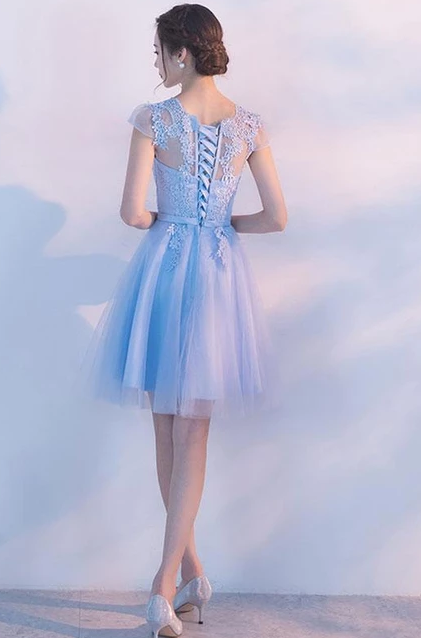 LIGHT BLUE A LINE TULLE LACE SHORT DRESS, HOMECOMING DRESS 2024 CD4948