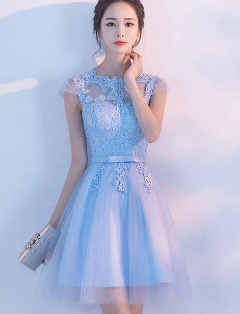 LIGHT BLUE A LINE TULLE LACE SHORT DRESS, HOMECOMING DRESS 2024 CD4948