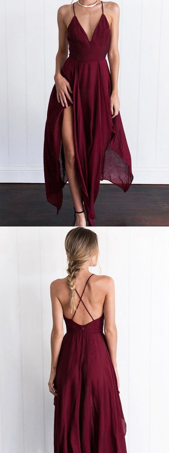 Sexy Dark Red Chiffon V-neck Dresses, Cheap Spaghetti Straps Short Prom Dresses CD498