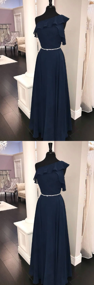 Simple chiffon dark blue long prom dress, bridesmaid dress CD5037