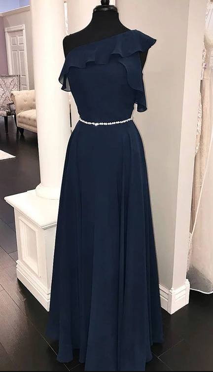 Simple chiffon dark blue long prom dress, bridesmaid dress CD5037