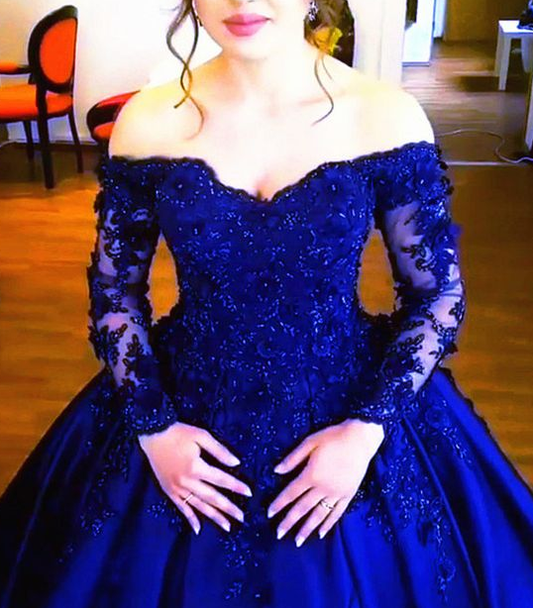 Royal Blue Lace Long Sleeves V-neck Off The Shoulder Satin Wedding Dresses Ball Gowns prom dress CD5045