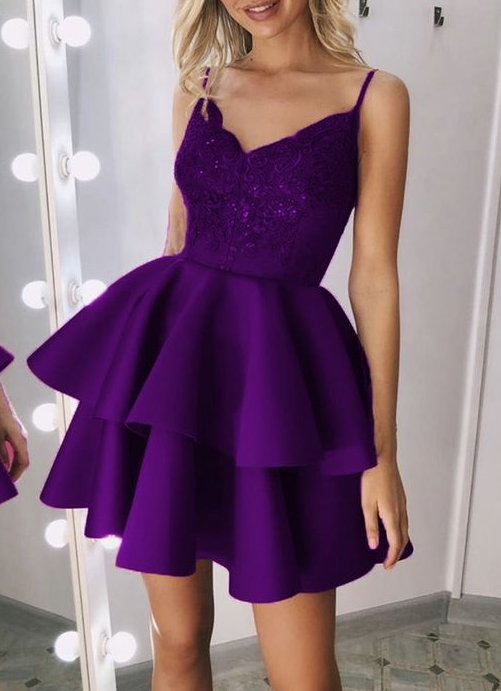 short purple v neck homecoming dresses for back to school dress CD5202