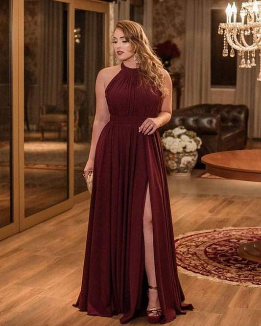 Sexy Bridesmaid prom Dresses Long Chiffon Halter Split Gowns CD5307