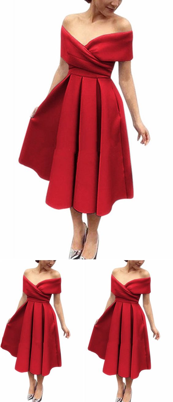 Simple red satin off shoulder V neck bridesmaid prom dress, short party dress CD5677