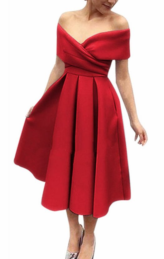 Simple red satin off shoulder V neck bridesmaid prom dress, short party dress CD5677