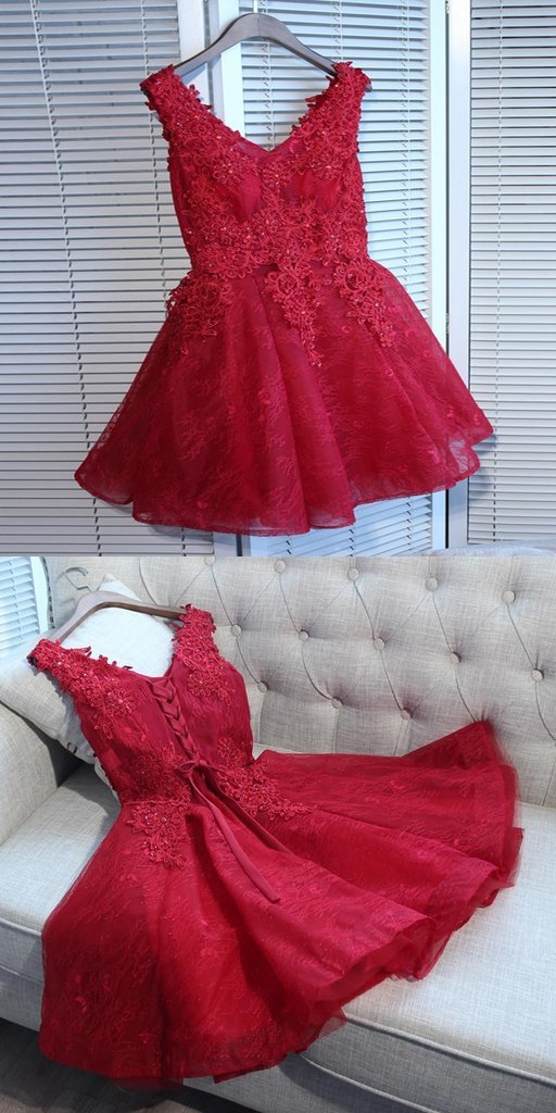 A-Line V-Neck Red Tulle Sleeveless Homecoming Dresses With Appliques CD584