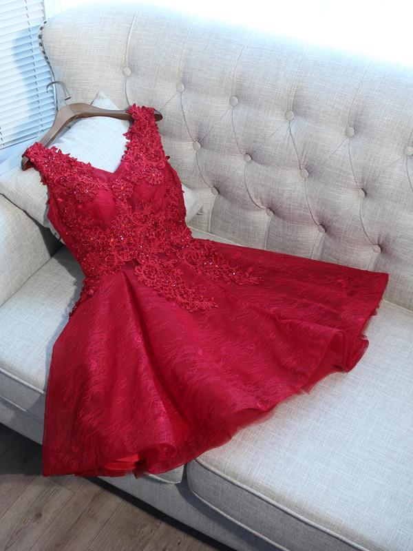 A-Line V-Neck Red Tulle Sleeveless Homecoming Dresses With Appliques CD584